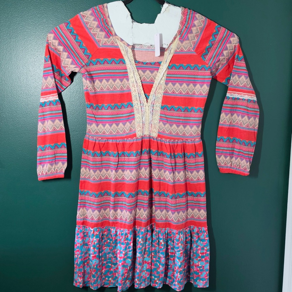Jelly the Pug Women XL Long Sleeve Geometric Southwest Lace Trim Tiered Dress
